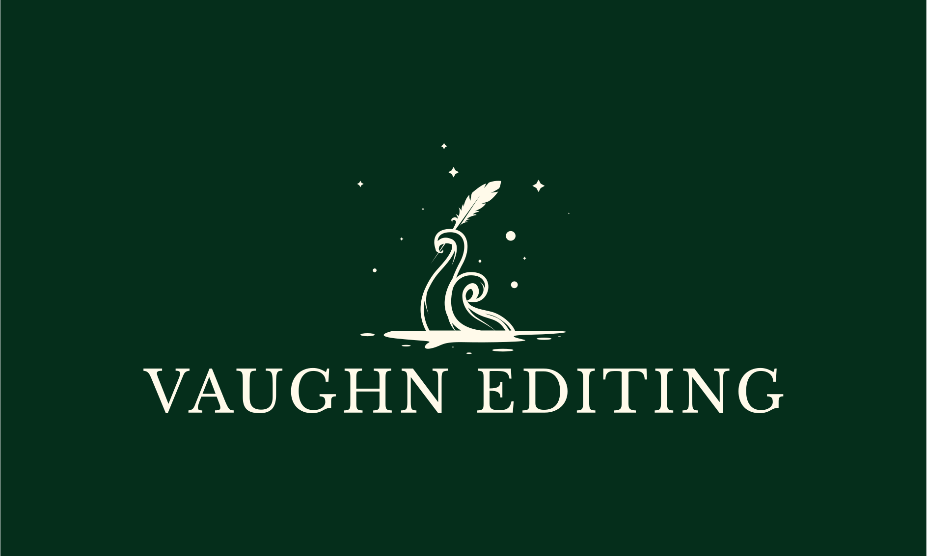 Vaughn Editing logo. Two light yellow tentacles, one holding a quill pen, rise out of the water on a green background. Text: Vaughn Editing